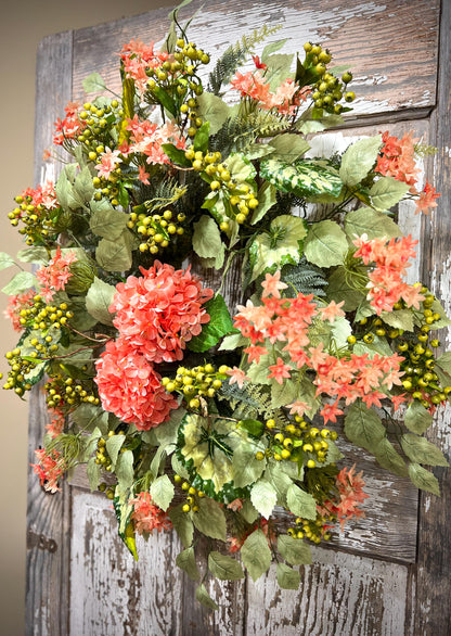 Coral Hydrangea Wreath – Spring Summer Front Door Decor