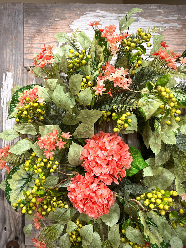 Coral Hydrangea Wreath – Spring Summer Front Door Decor