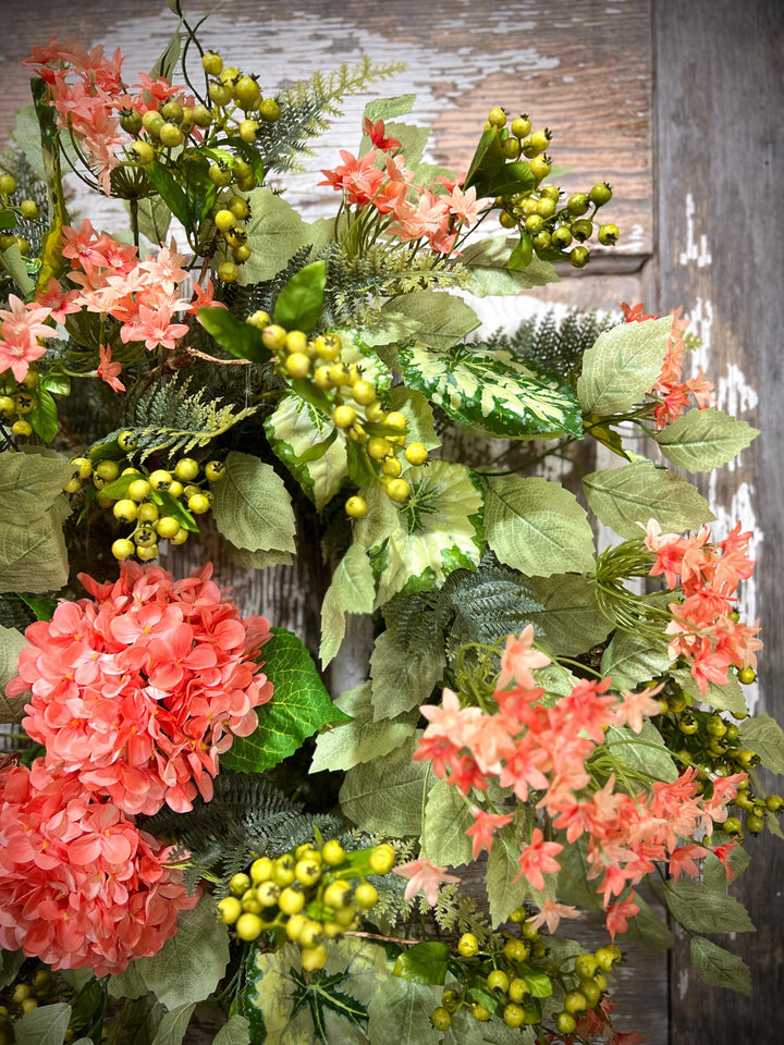 Coral Hydrangea Wreath – Spring Summer Front Door Decor