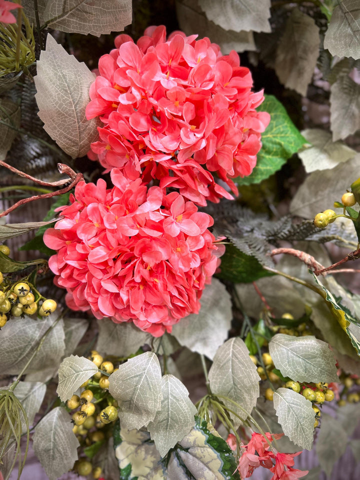 Coral Hydrangea Wreath – Spring Summer Front Door Decor