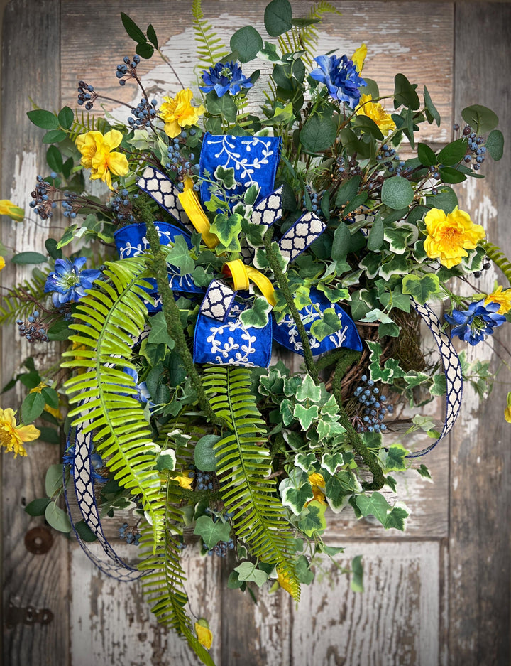 Garden Rose Designer Wreath - Twig Wreath Base with Designer Ribbon