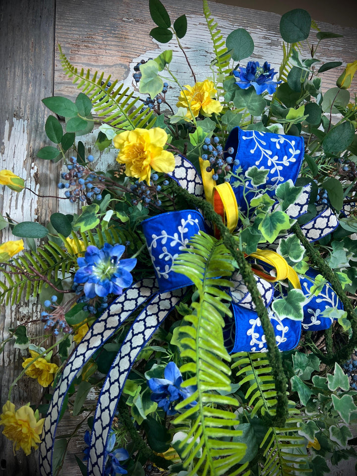 Garden Rose Designer Wreath - Twig Wreath Base with Designer Ribbon