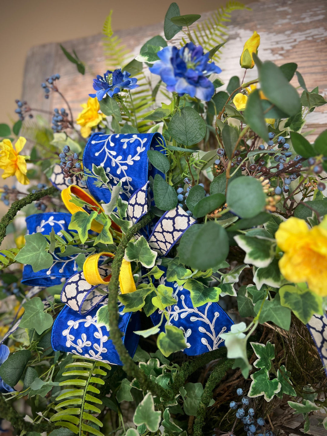 Garden Rose Designer Wreath - Twig Wreath Base with Designer Ribbon