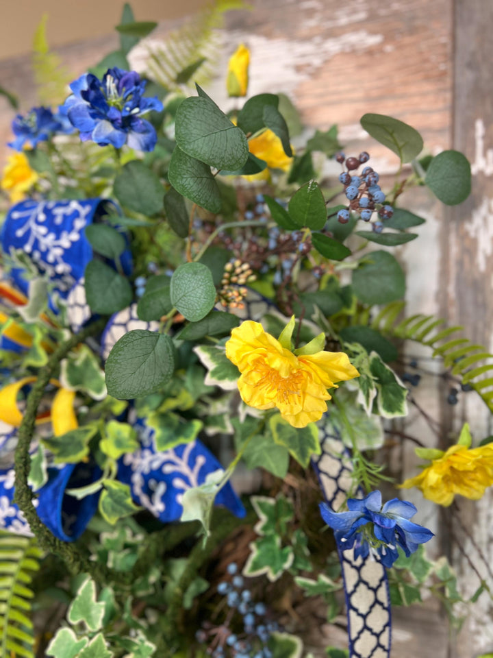 Garden Rose Designer Wreath - Twig Wreath Base with Designer Ribbon