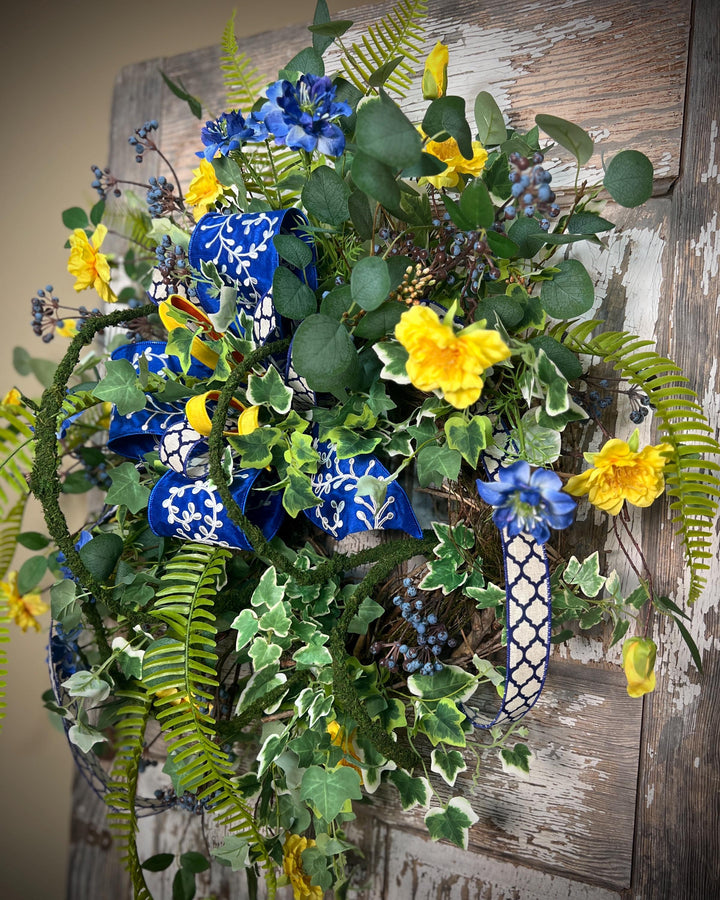 Garden Rose Designer Wreath - Twig Wreath Base with Designer Ribbon