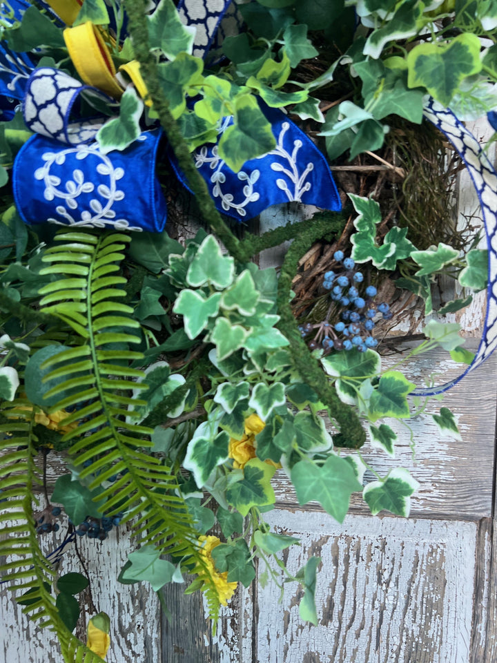 Garden Rose Designer Wreath - Twig Wreath Base with Designer Ribbon