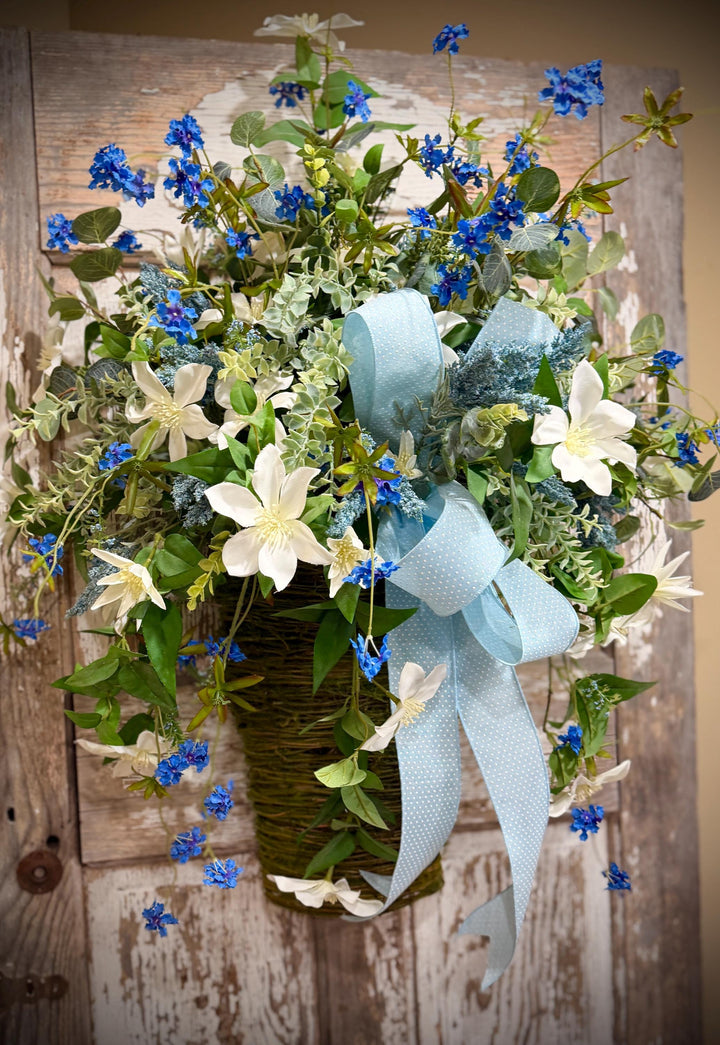 Spring Door Basket, Blue Wildflower Door Hanger, Farmhouse Front Door Decor, Cottage Garden Floral Basket,