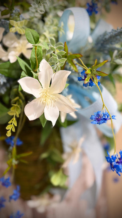 Spring Door Basket, Blue Wildflower Door Hanger, Farmhouse Front Door Decor, Cottage Garden Floral Basket,