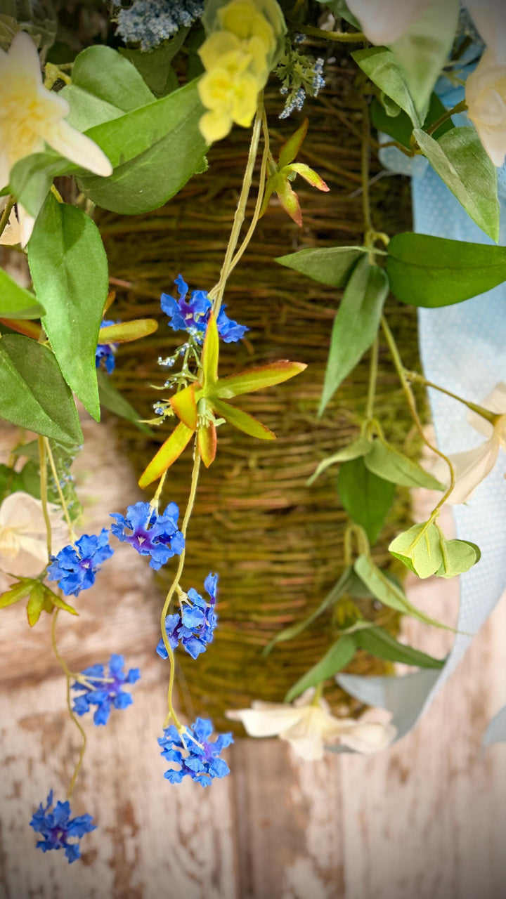 Spring Door Basket, Blue Wildflower Door Hanger, Farmhouse Front Door Decor, Cottage Garden Floral Basket,