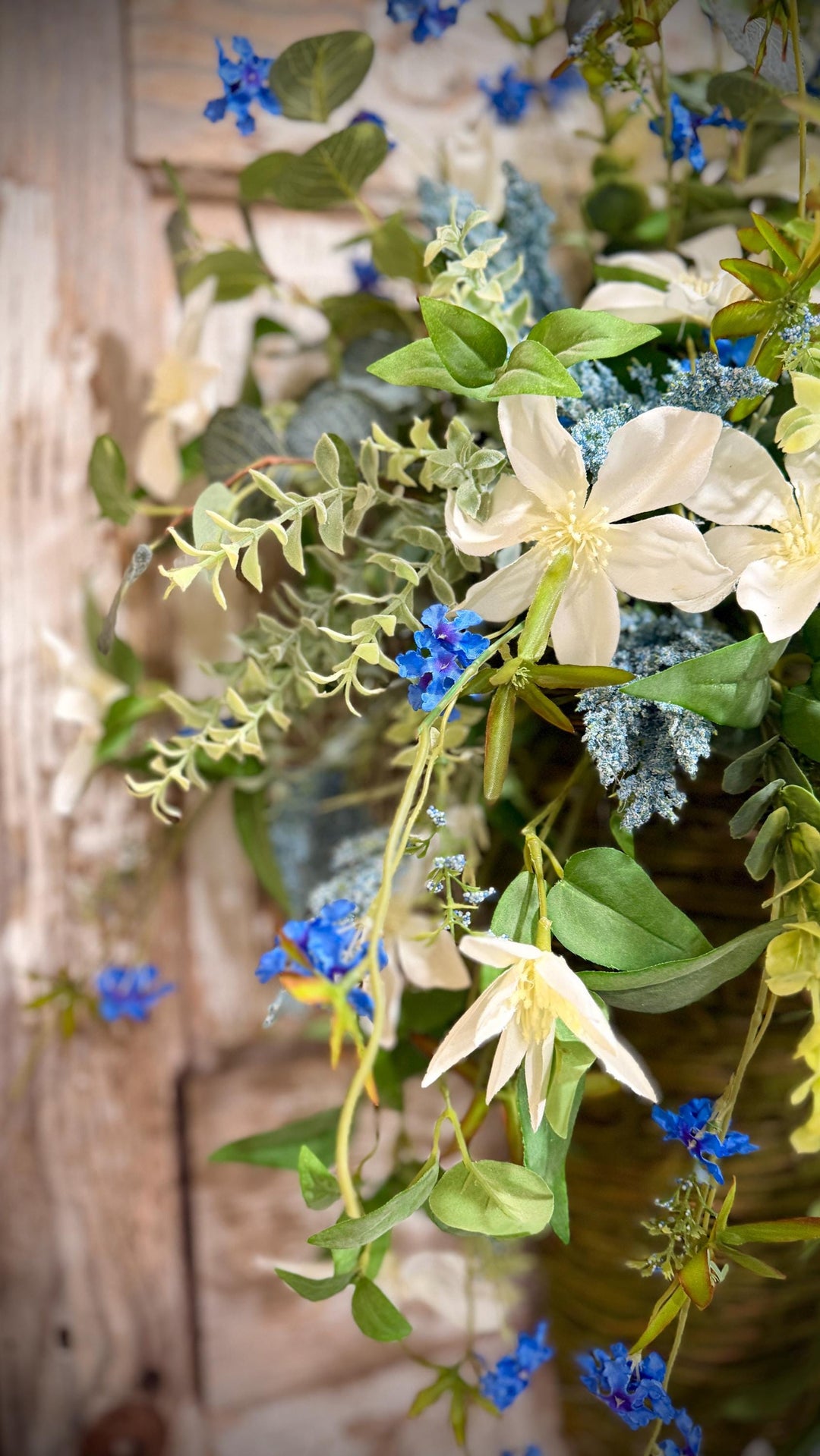Spring Door Basket, Blue Wildflower Door Hanger, Farmhouse Front Door Decor, Cottage Garden Floral Basket,