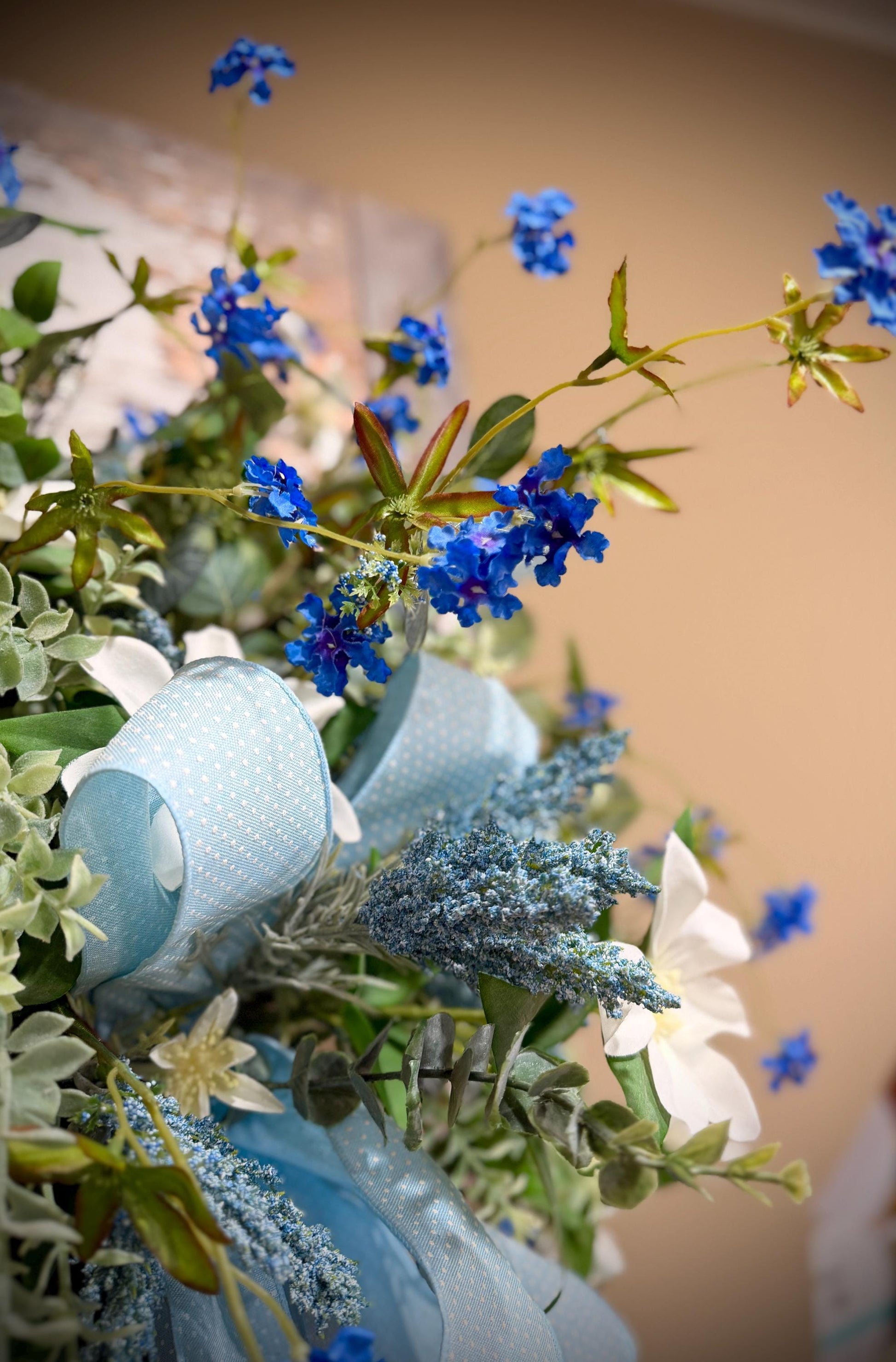 Spring Door Basket, Blue Wildflower Door Hanger, Farmhouse Front Door Decor, Cottage Garden Floral Basket,
