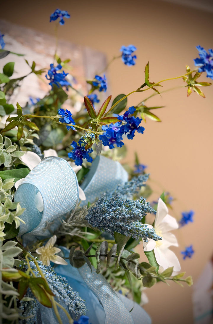 Spring Door Basket, Blue Wildflower Door Hanger, Farmhouse Front Door Decor, Cottage Garden Floral Basket,