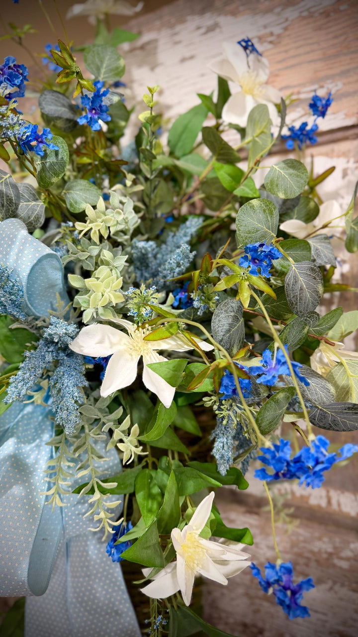 Spring Door Basket, Blue Wildflower Door Hanger, Farmhouse Front Door Decor, Cottage Garden Floral Basket,