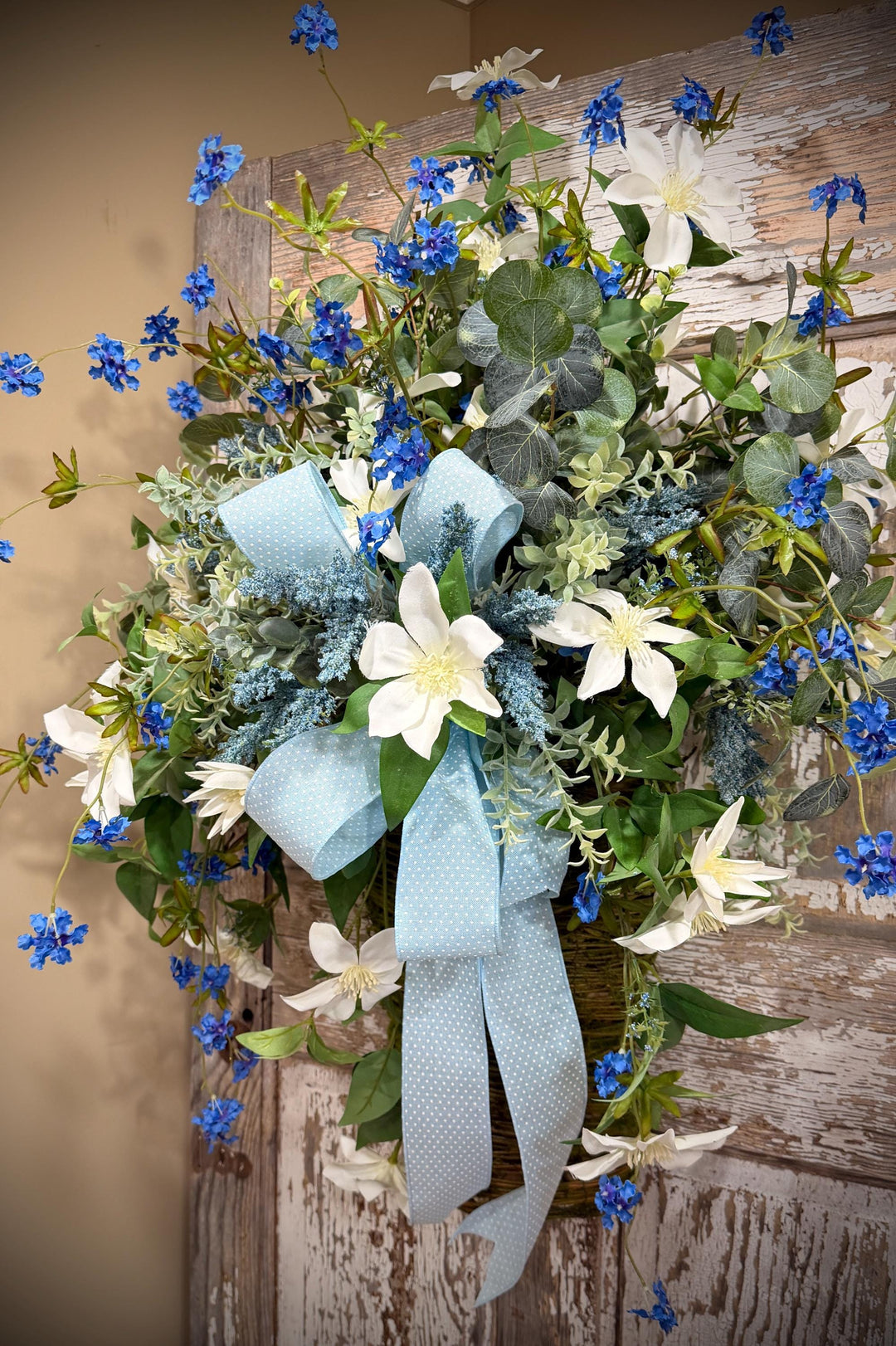 Spring Door Basket, Blue Wildflower Door Hanger, Farmhouse Front Door Decor, Cottage Garden Floral Basket,