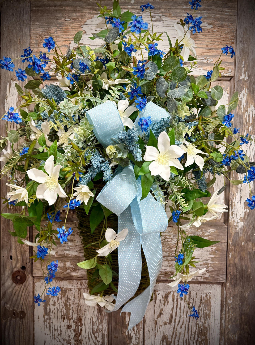 Spring Door Basket, Blue Wildflower Door Hanger, Farmhouse Front Door Decor, Cottage Garden Floral Basket,