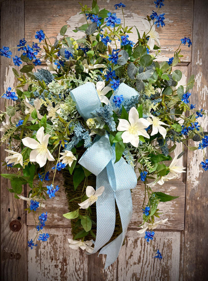 Spring Door Basket, Blue Wildflower Door Hanger, Farmhouse Front Door Decor, Cottage Garden Floral Basket,