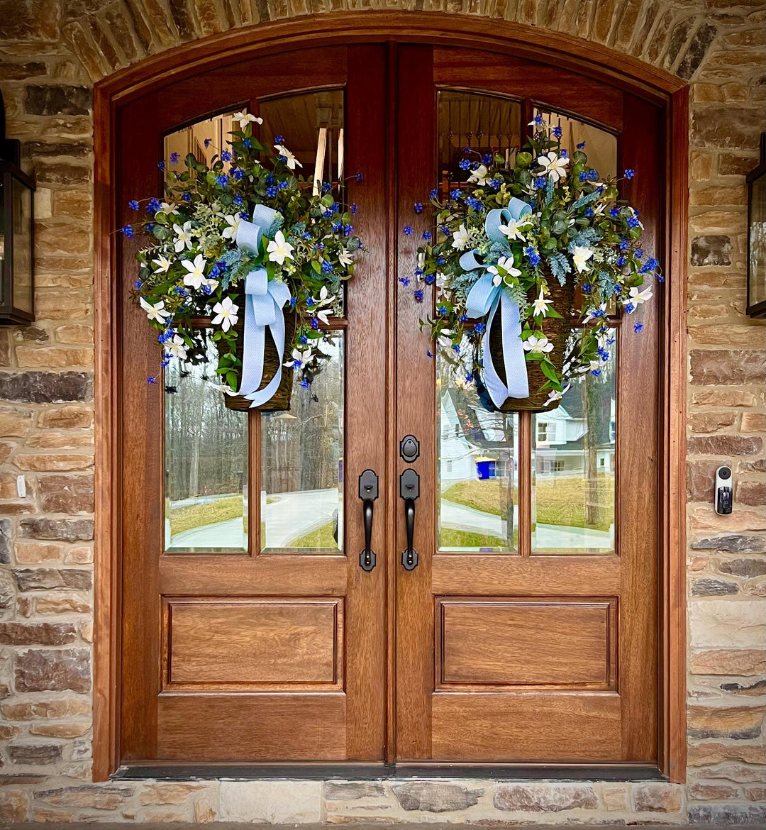 Spring Door Basket, Blue Wildflower Door Hanger, Farmhouse Front Door Decor, Cottage Garden Floral Basket,