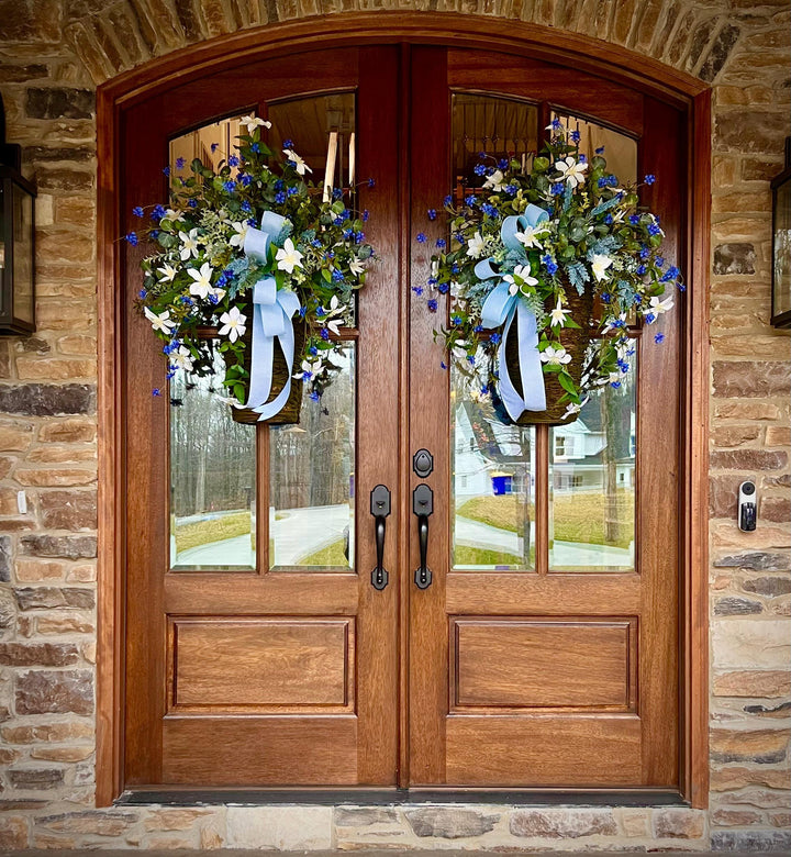 Spring Door Basket, Blue Wildflower Door Hanger, Farmhouse Front Door Decor, Cottage Garden Floral Basket,