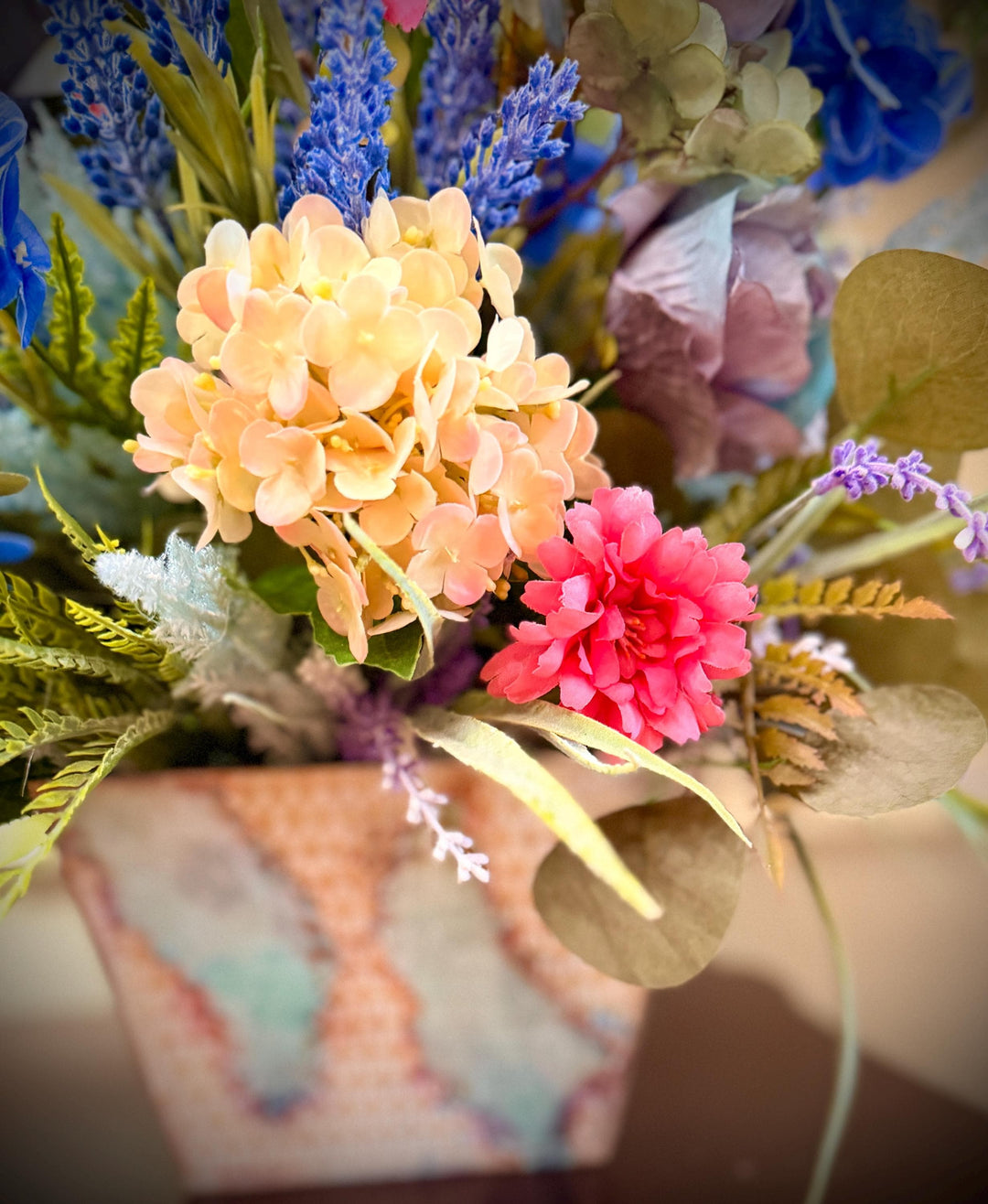 Spring Handcrafted Vintage container arrangement with hydrangeas and much more!