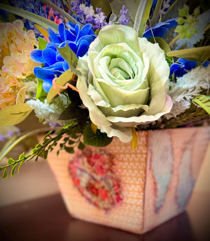 Spring Handcrafted Vintage container arrangement with hydrangeas and much more!