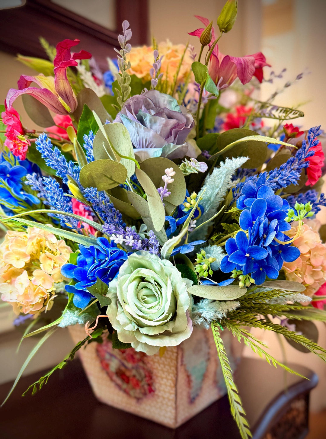 Spring Handcrafted Vintage container arrangement with hydrangeas and much more!