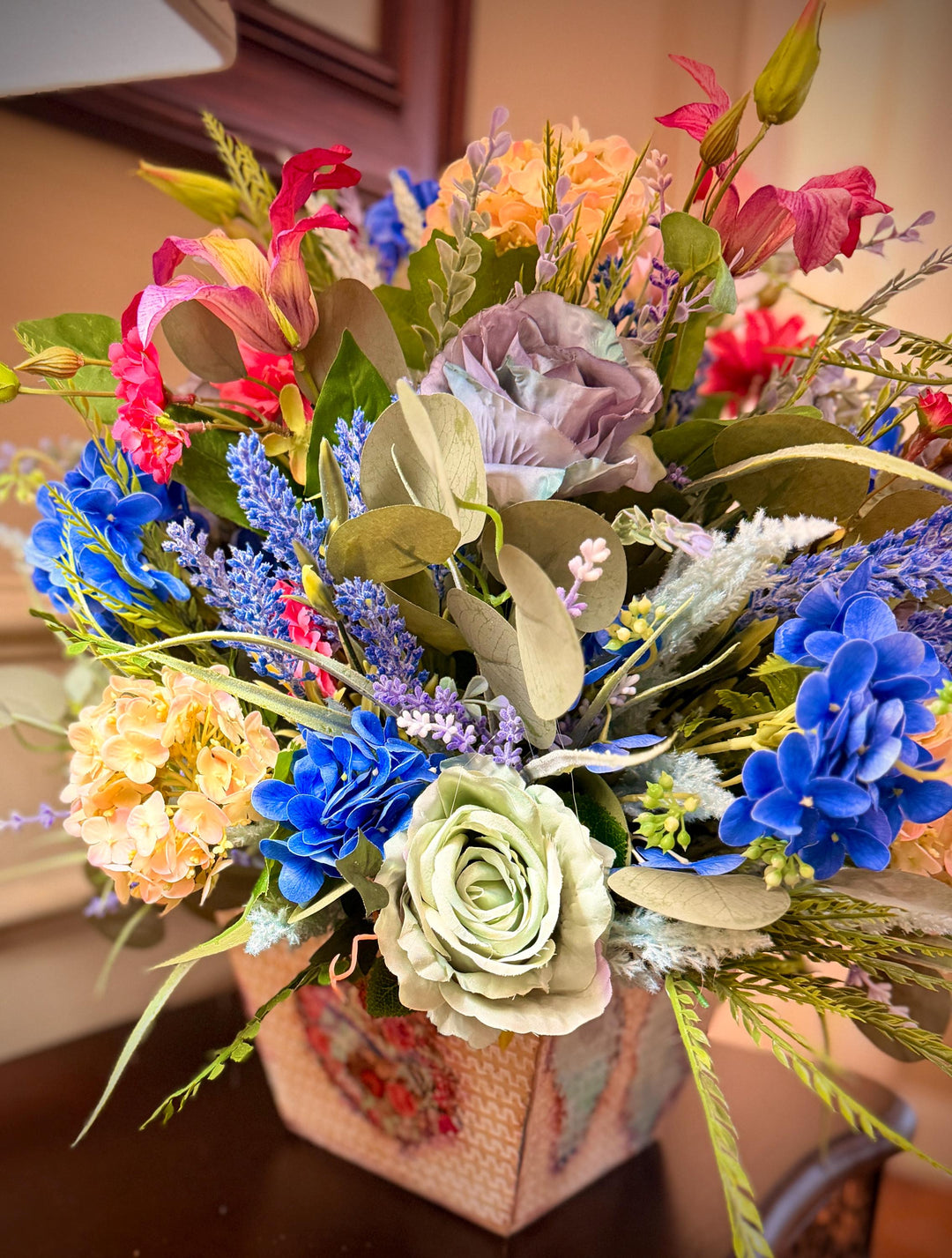 Spring Handcrafted Vintage container arrangement with hydrangeas and much more!