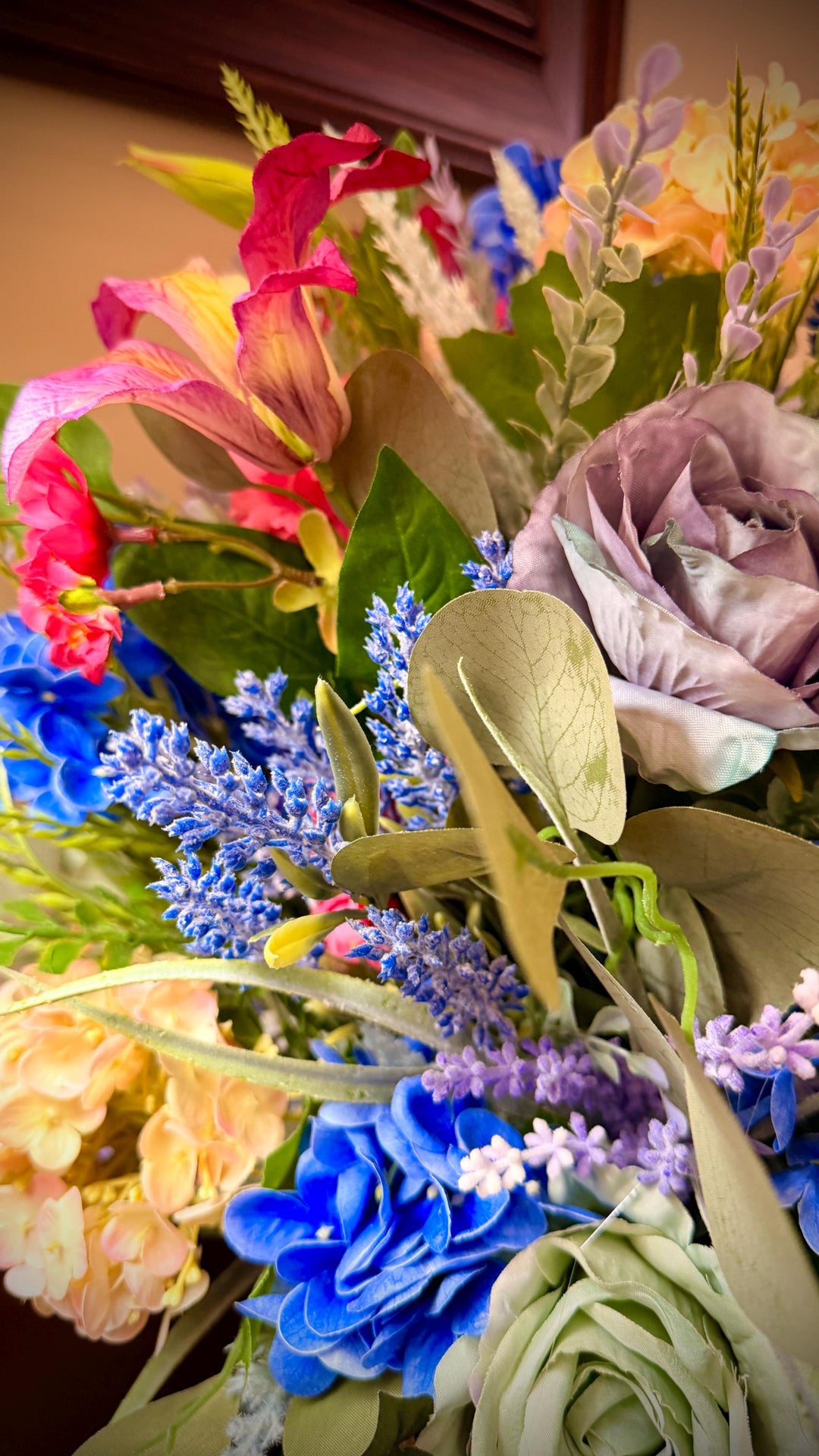 Spring Handcrafted Vintage container arrangement with hydrangeas and much more!