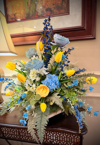 Designer Spring Real Touch Tulip and Florals Arrangement - Flowering Blue Astilbes