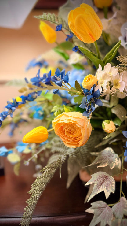 Designer Spring Real Touch Tulip and Florals Arrangement - Flowering Blue Astilbes