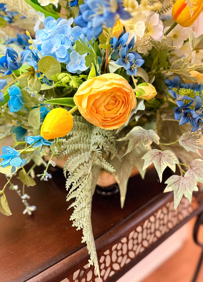 Designer Spring Real Touch Tulip and Florals Arrangement - Flowering Blue Astilbes