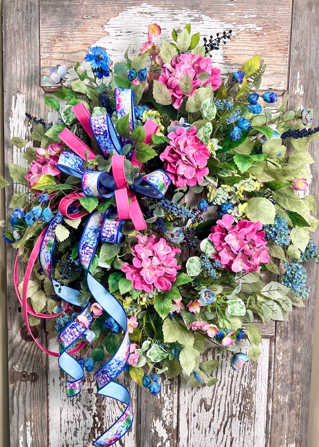 Blue and Pink Hydrangeas Designer Garden Wreath - Designer Bow with tails