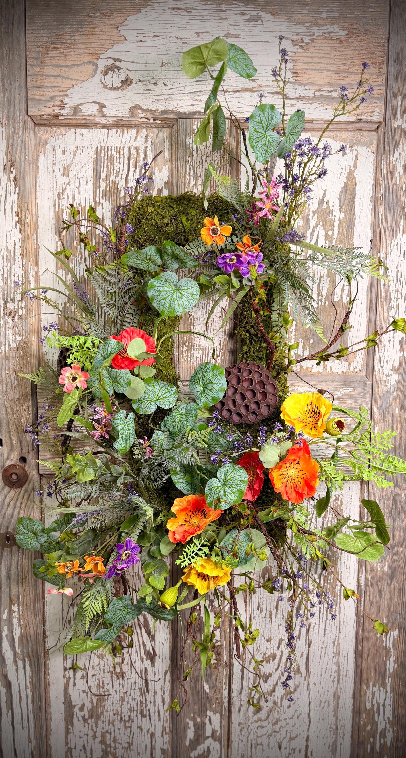 Moss Rectangle Metal Woodland Poppy and Twig Vine Wreath