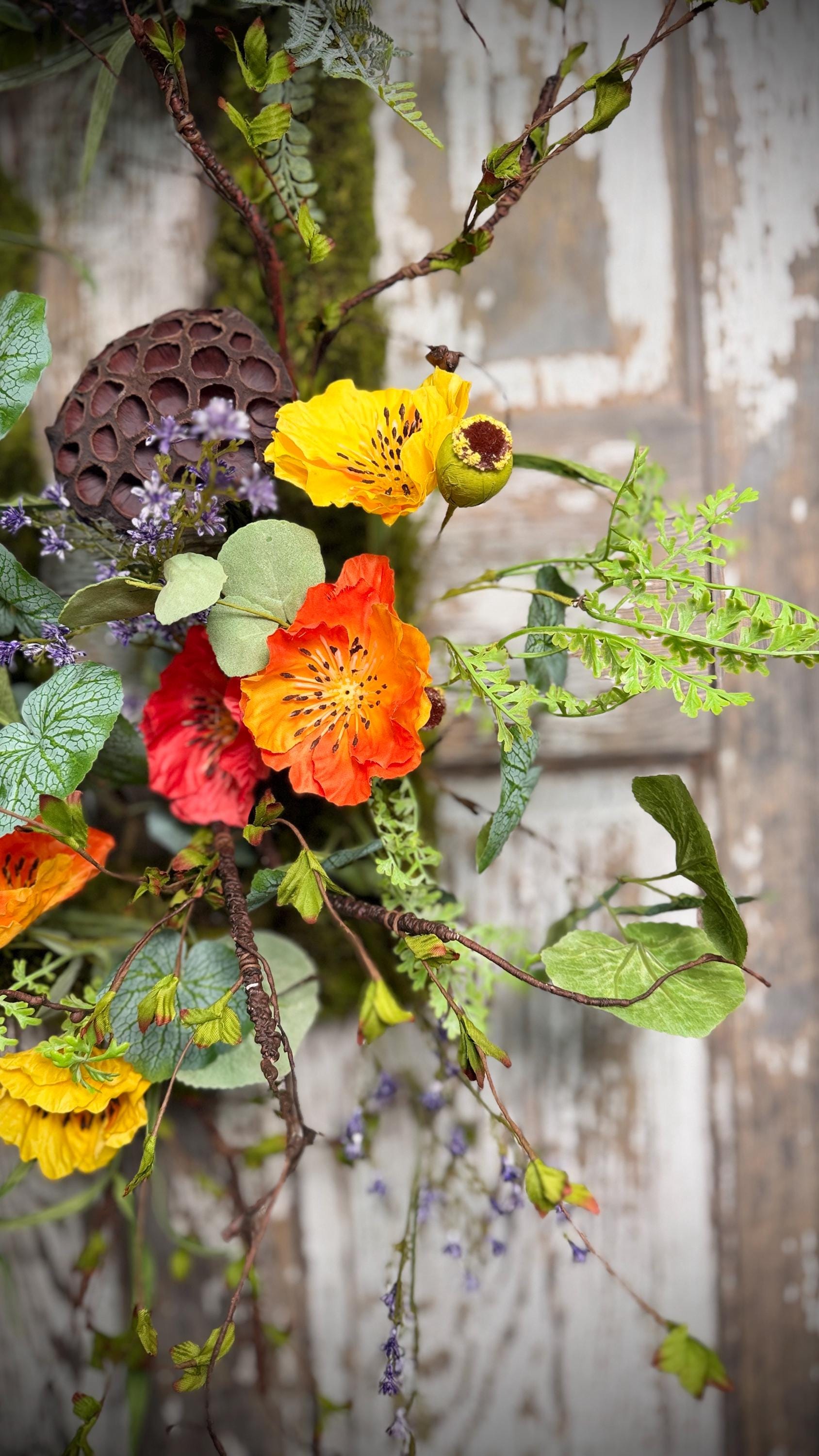 Moss Rectangle Metal Woodland Poppy and Twig Vine Wreath