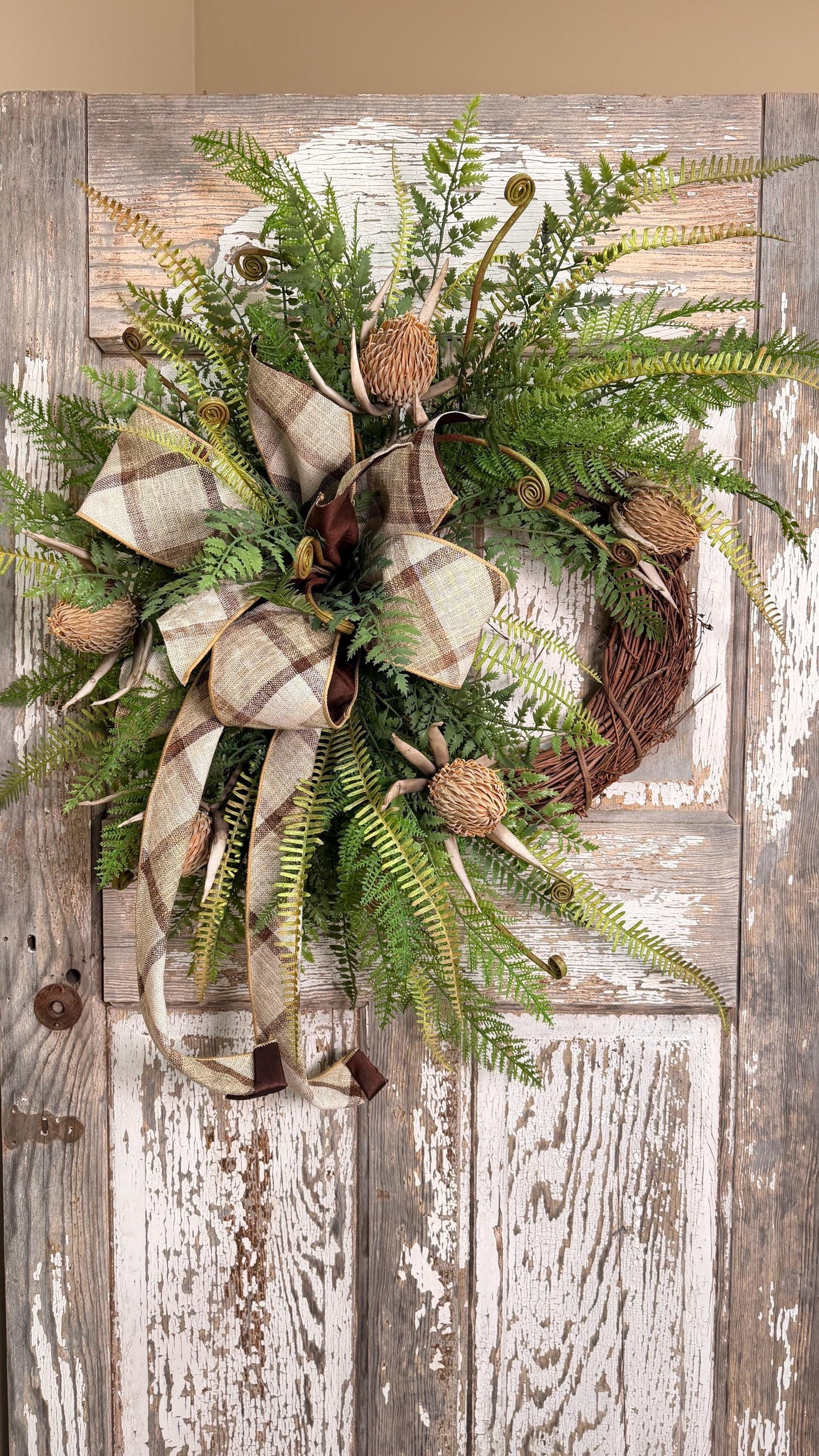 Rustic Woodland Fern and Protea Bud Grapevine Wreath - Designer Wired Ribbon with Tails