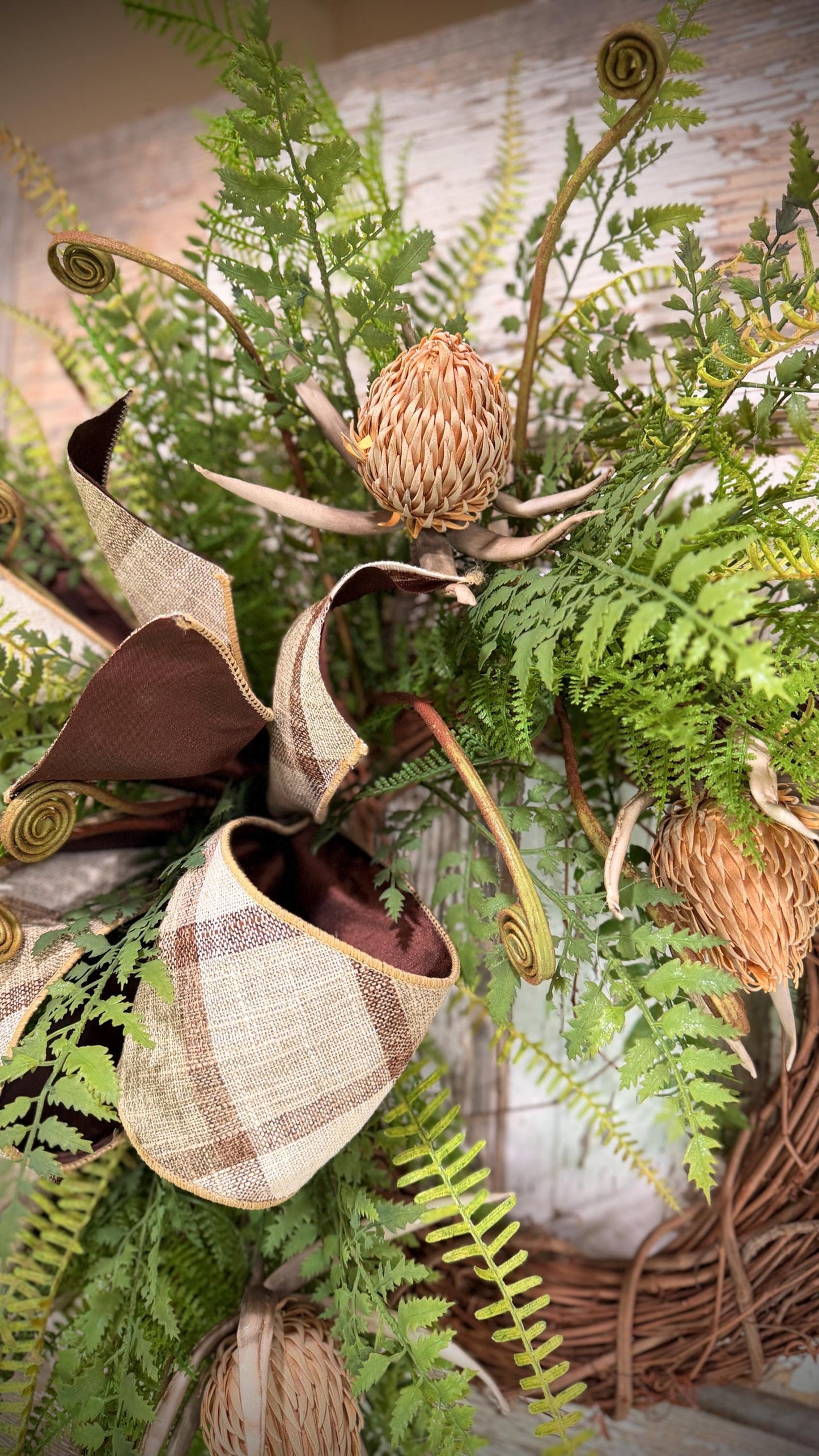 Rustic Woodland Fern and Protea Bud Grapevine Wreath - Designer Wired Ribbon with Tails