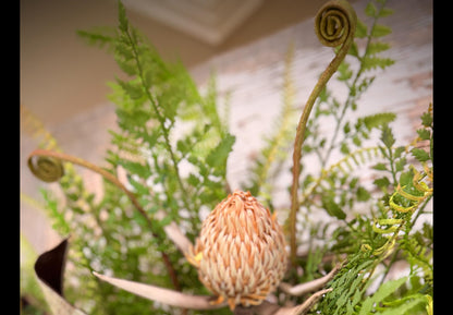 Rustic Woodland Fern and Protea Bud Grapevine Wreath - Designer Wired Ribbon with Tails