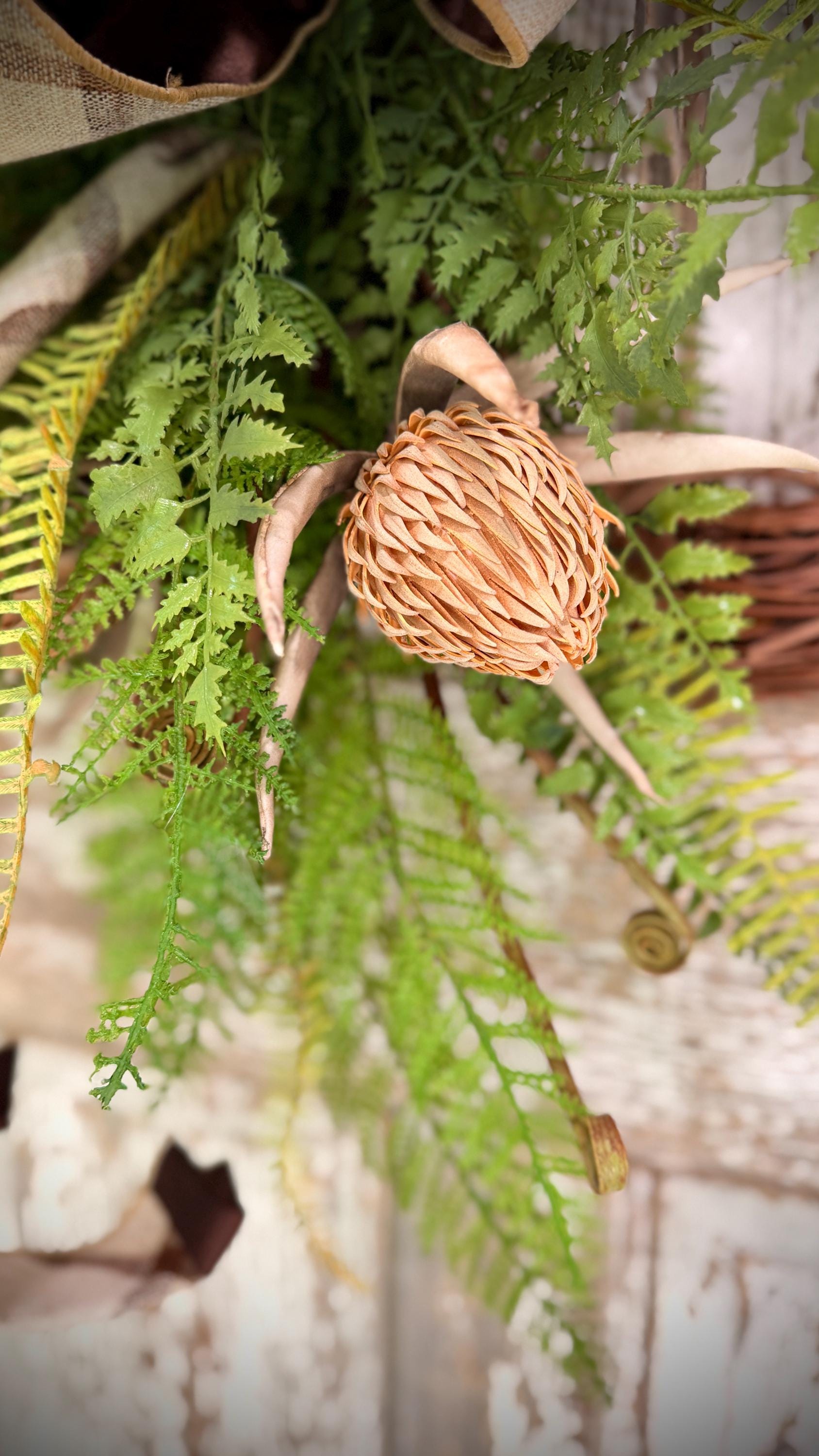 Rustic Woodland Fern and Protea Bud Grapevine Wreath - Designer Wired Ribbon with Tails