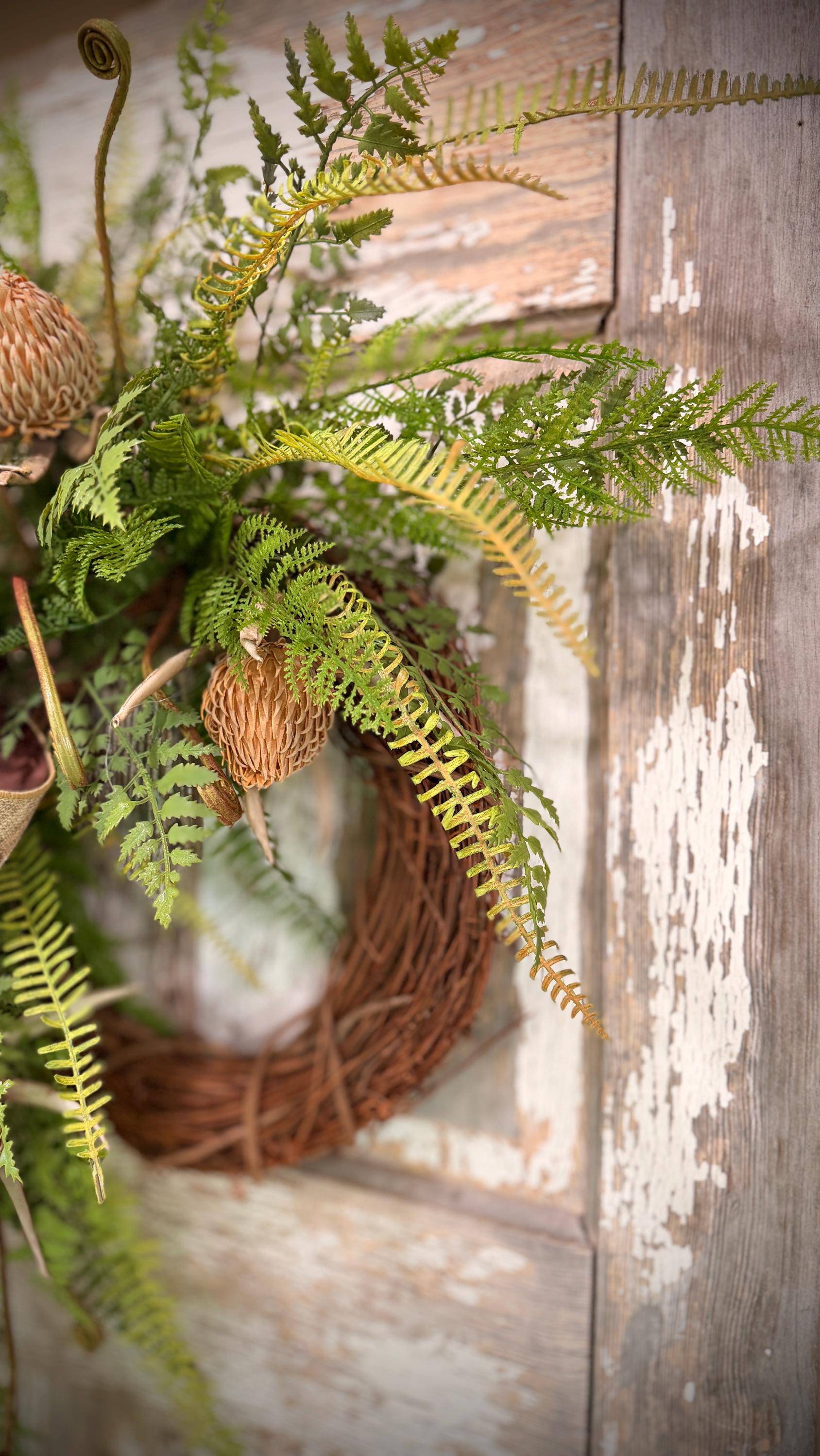 Rustic Woodland Fern and Protea Bud Grapevine Wreath - Designer Wired Ribbon with Tails