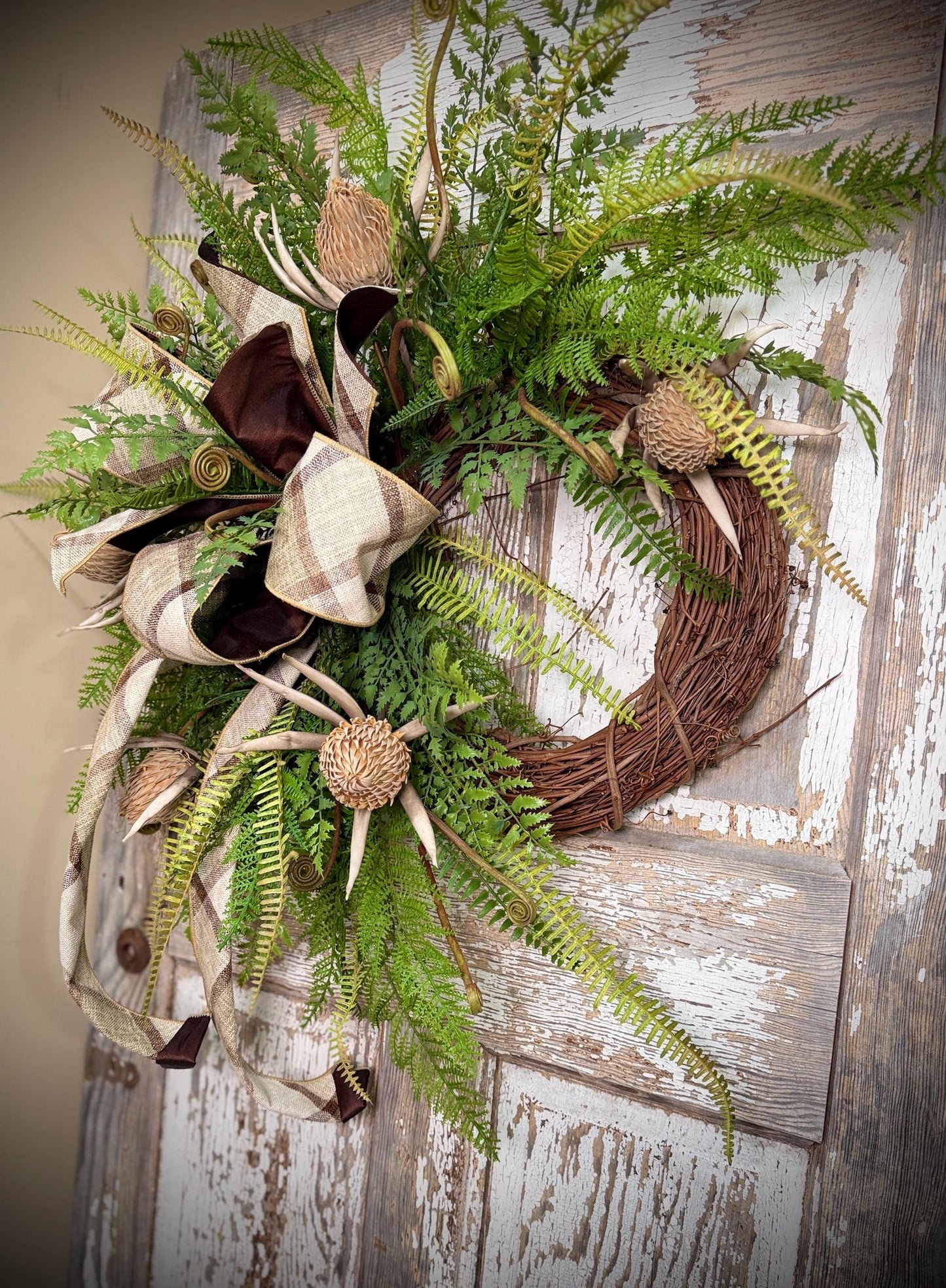 Rustic Woodland Fern and Protea Bud Grapevine Wreath - Designer Wired Ribbon with Tails