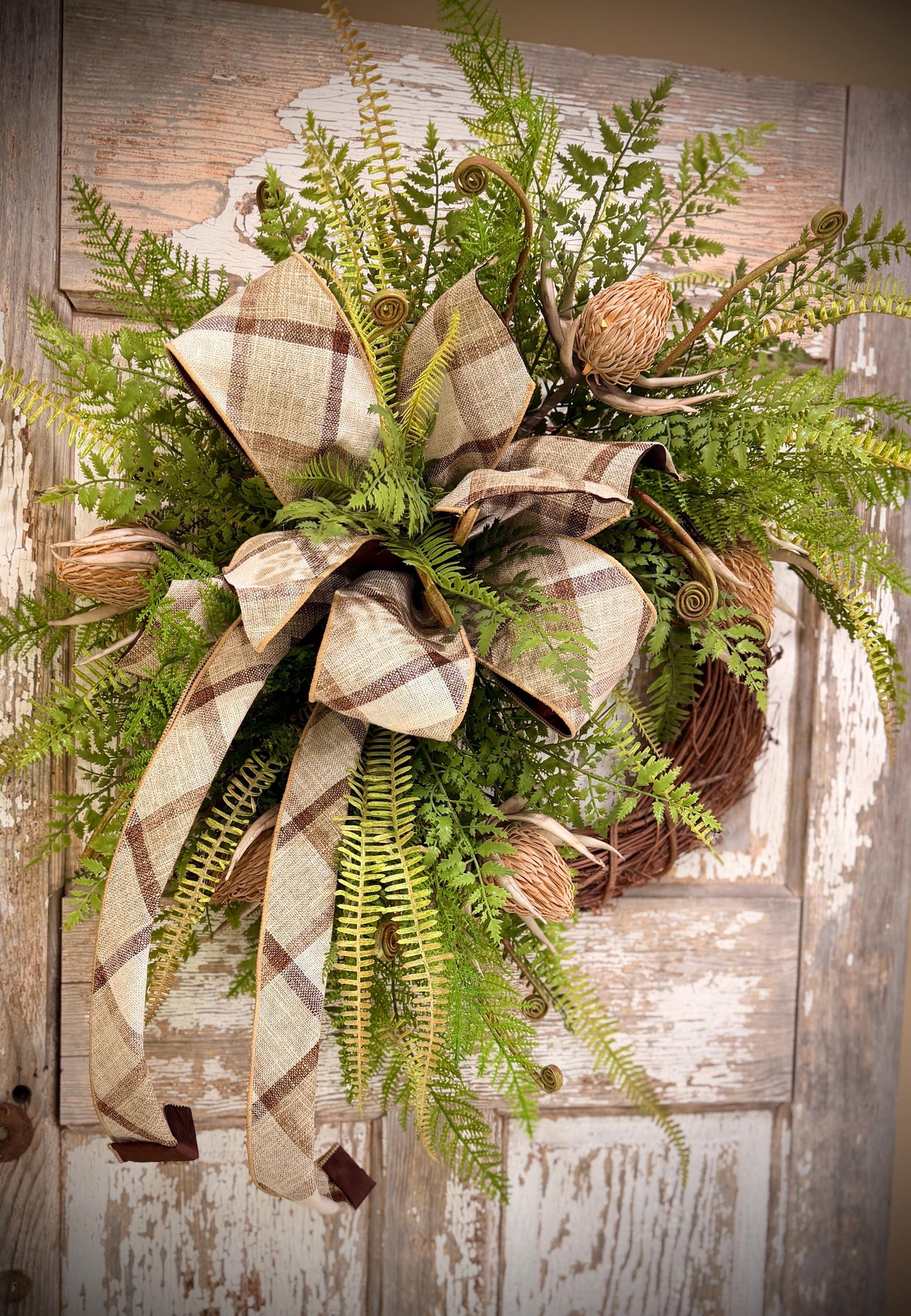 Rustic Woodland Fern and Protea Bud Grapevine Wreath - Designer Wired Ribbon with Tails