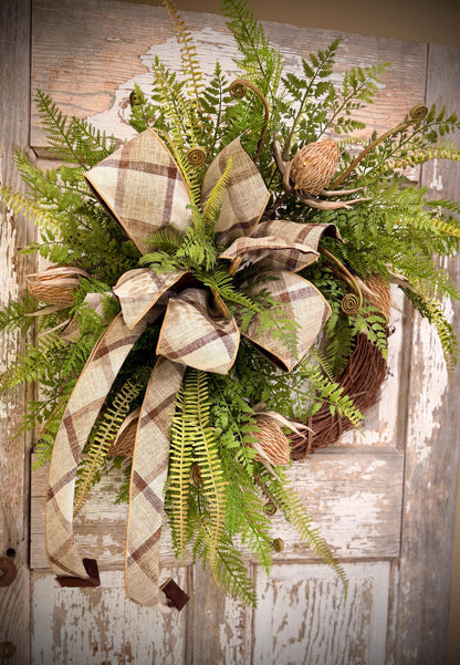 Rustic Woodland Fern and Protea Bud Grapevine Wreath - Designer Wired Ribbon with Tails