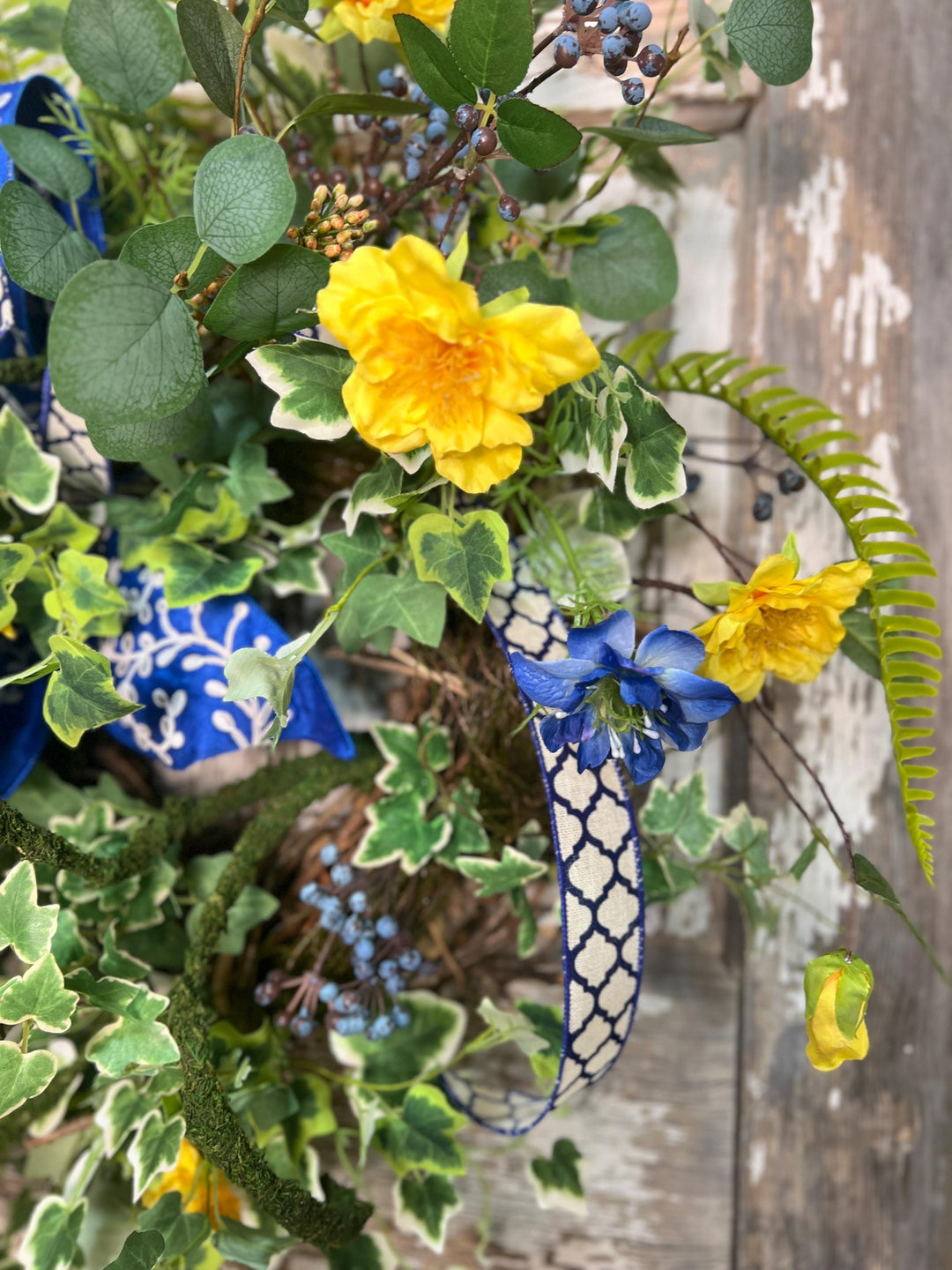 Garden Rose Designer Wreath - Twig Wreath Base with Designer Ribbon