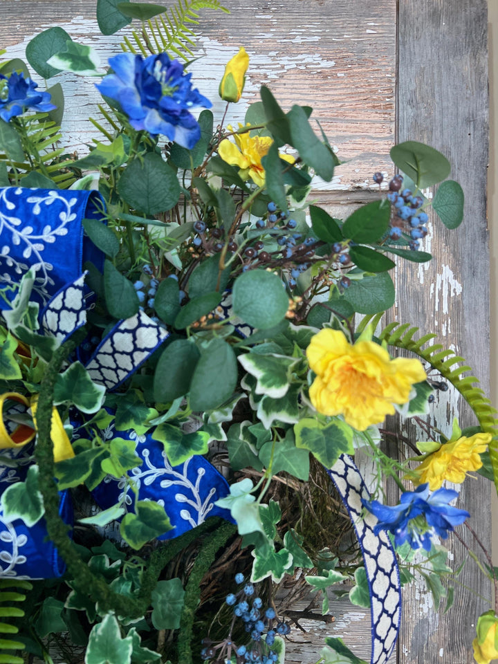 Garden Rose Designer Wreath - Twig Wreath Base with Designer Ribbon