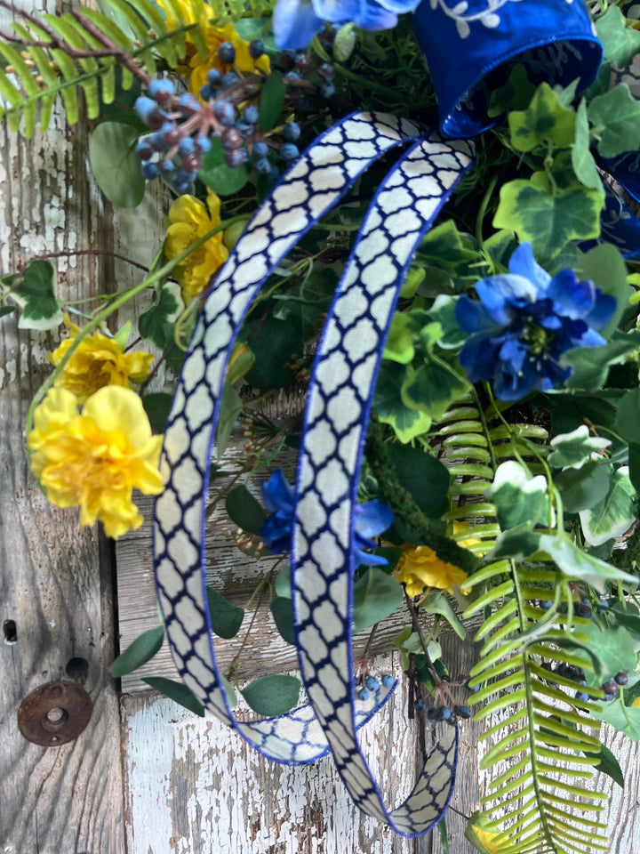 Garden Rose Designer Wreath - Twig Wreath Base with Designer Ribbon