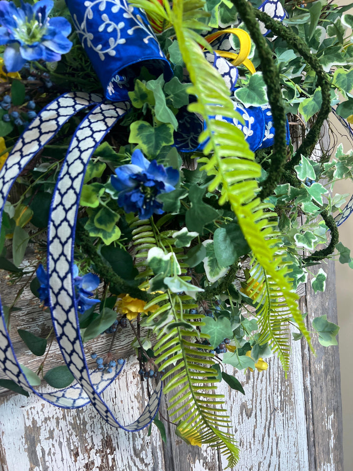 Garden Rose Designer Wreath - Twig Wreath Base with Designer Ribbon