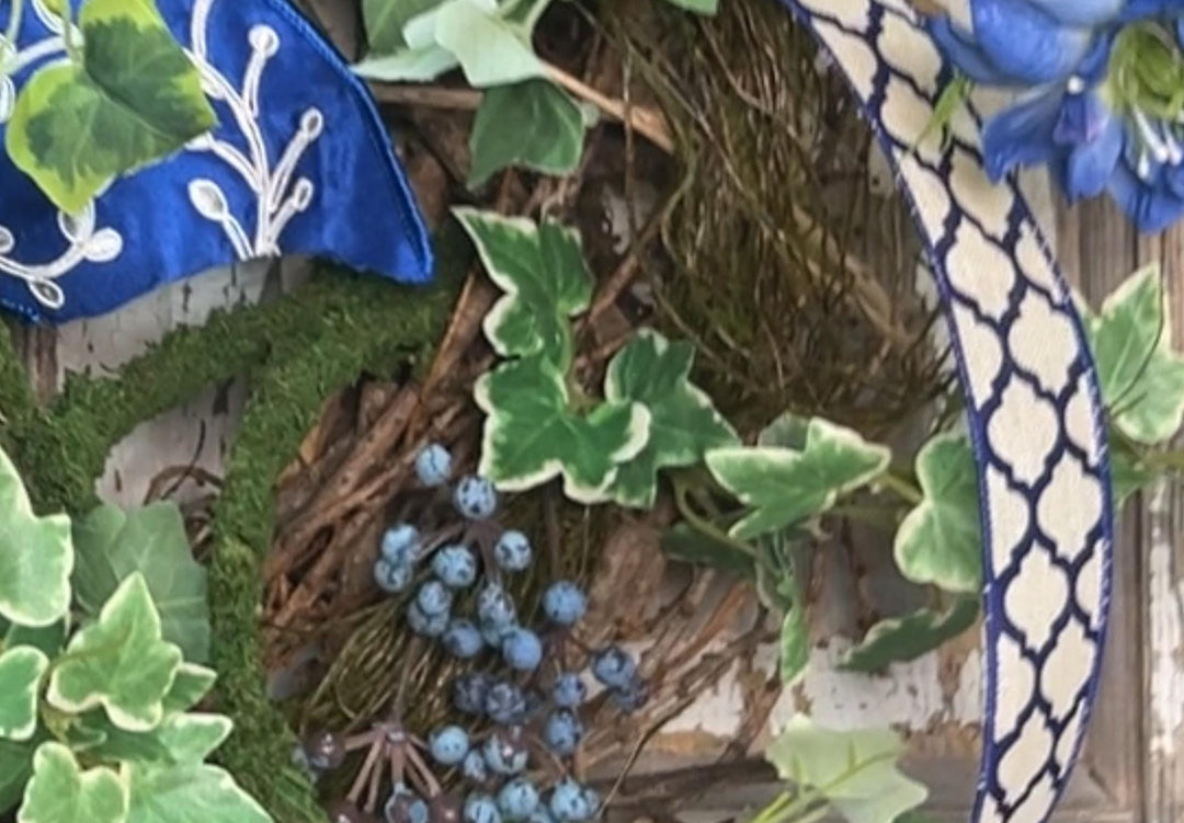 Garden Rose Designer Wreath - Twig Wreath Base with Designer Ribbon