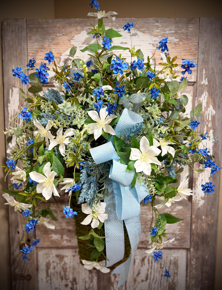 Spring Door Basket, Blue Wildflower Door Hanger, Farmhouse Front Door Decor, Cottage Garden Floral Basket,