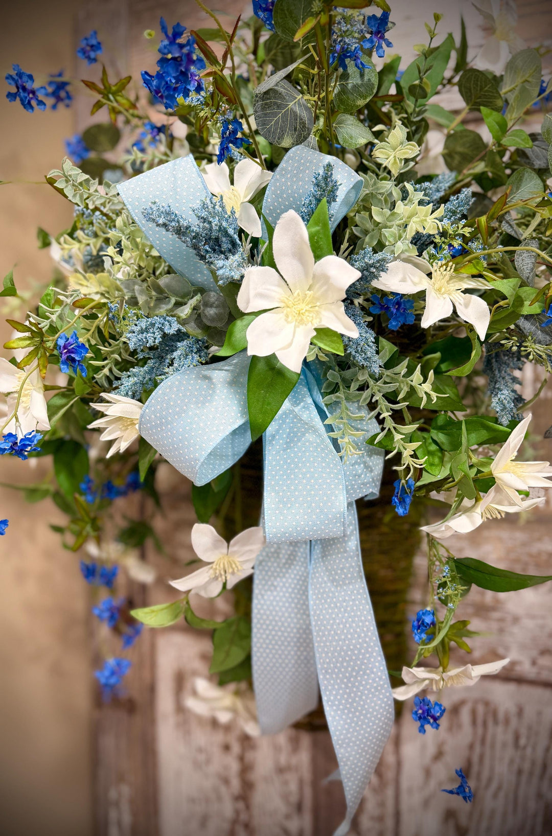 Spring Door Basket, Blue Wildflower Door Hanger, Farmhouse Front Door Decor, Cottage Garden Floral Basket,