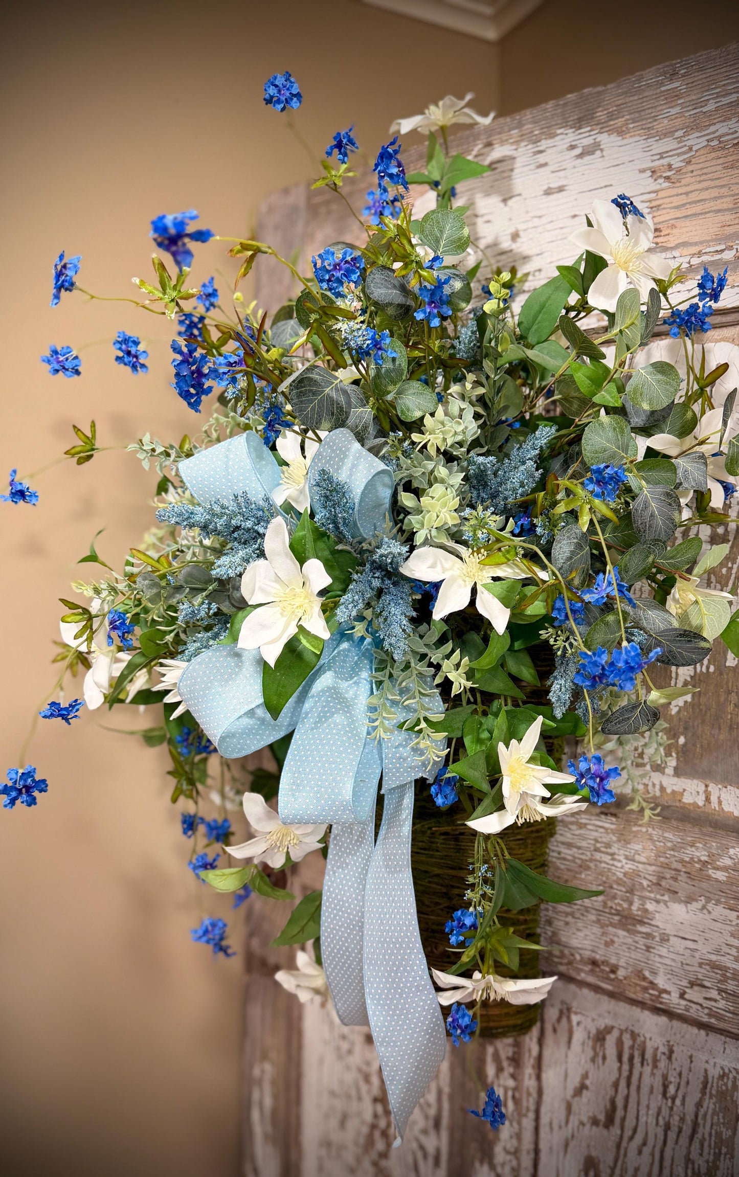 Spring Door Basket, Blue Wildflower Door Hanger, Farmhouse Front Door Decor, Cottage Garden Floral Basket,