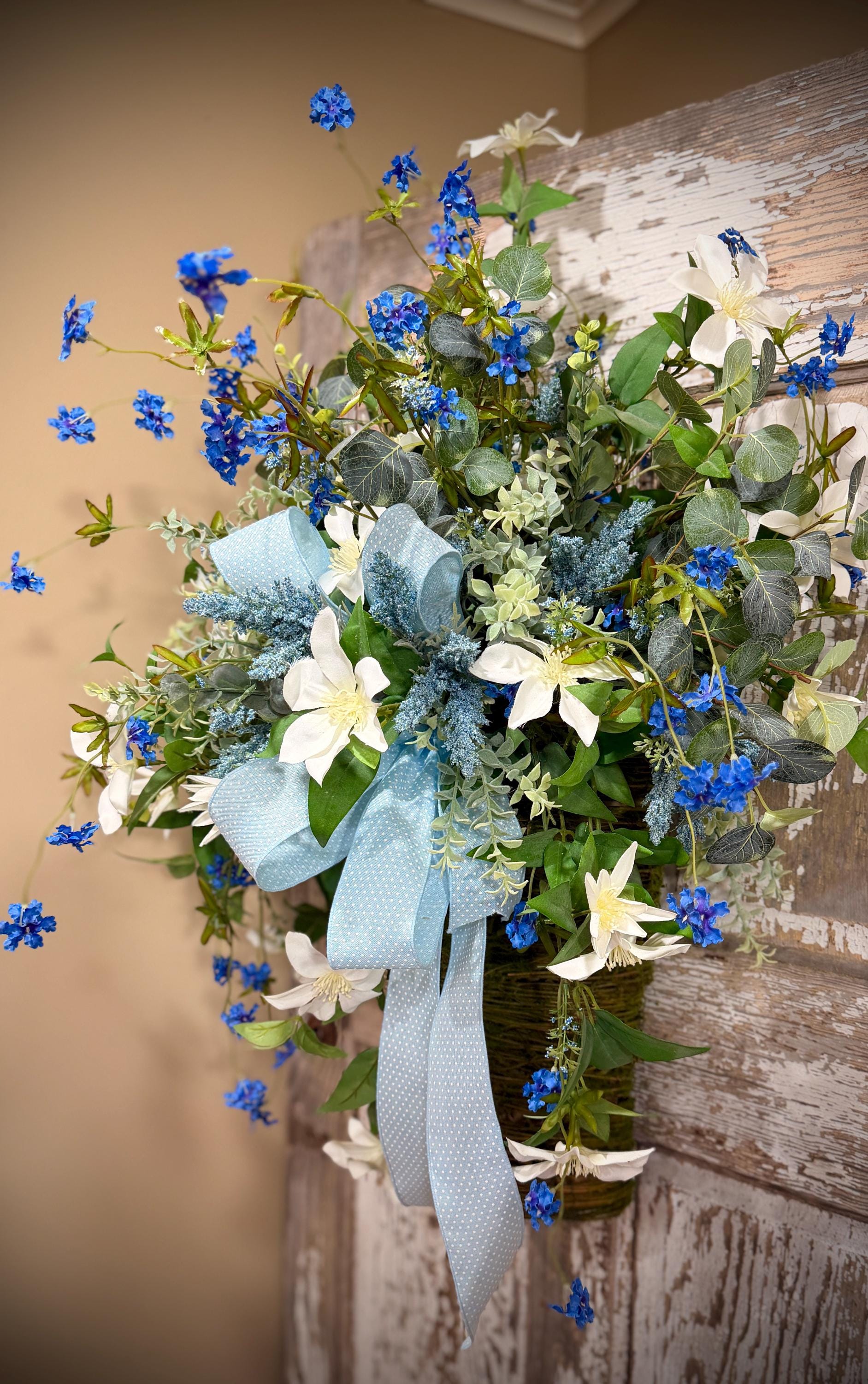 Spring Door Basket, Blue Wildflower Door Hanger, Farmhouse Front Door Decor, Cottage Garden Floral Basket,